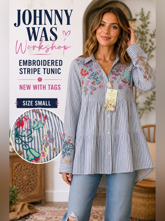 Johnny Was Tops - NWT Johnny Was Workshop Embroidered Stripe Tunic Top Small Boho Button Front
